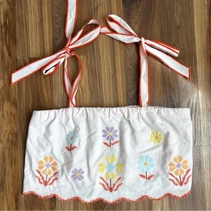 Amable Linen Blend Embroidered Cross Stitch Floral Tie Strap Crop Top